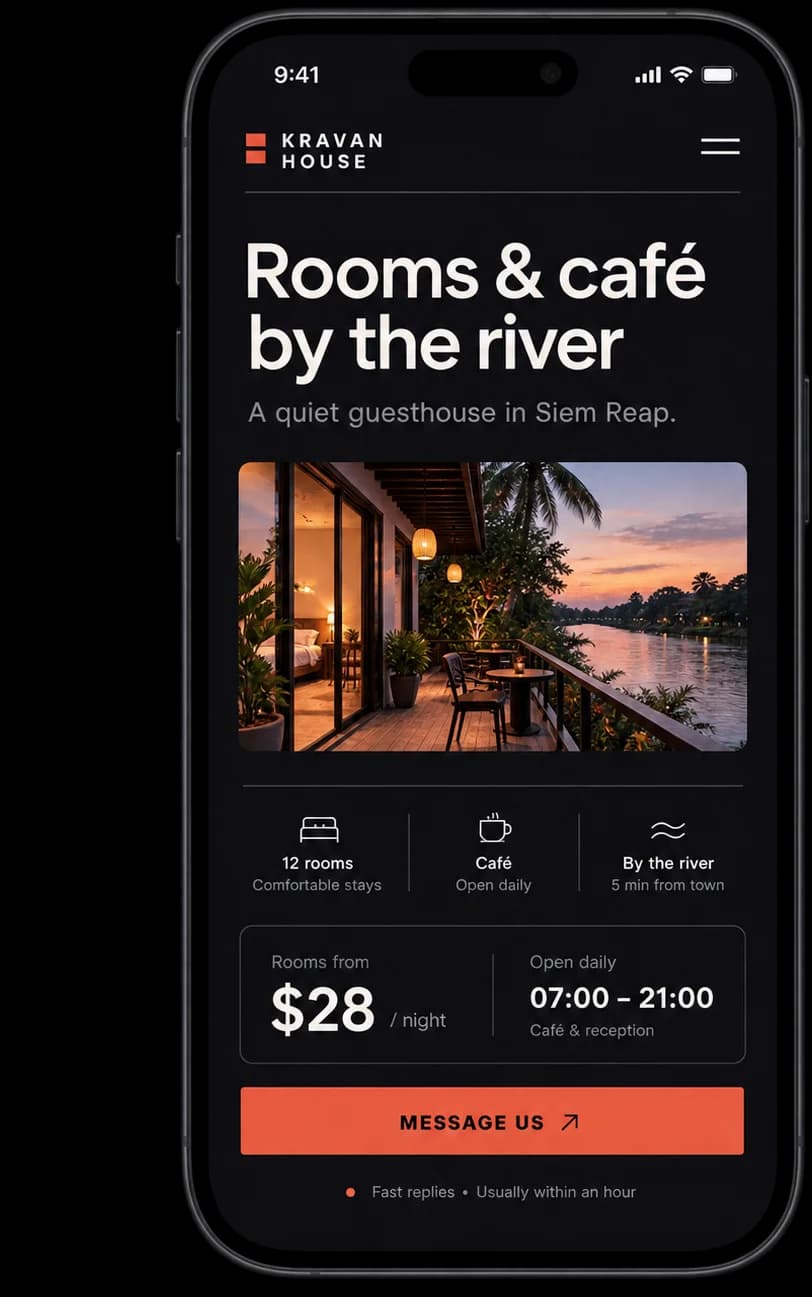 A business website shown on a phone, with room rates, opening hours and a message button