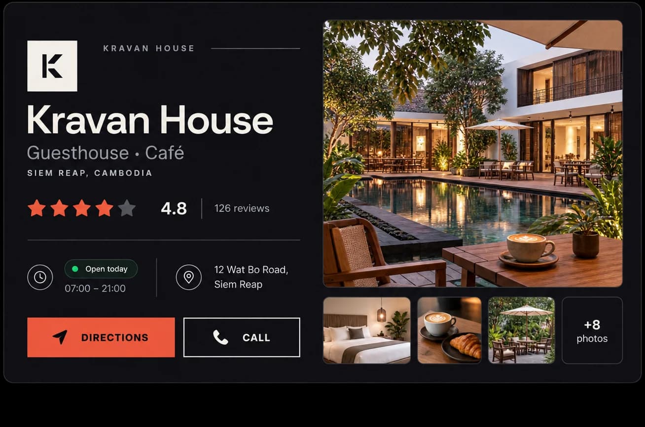 A business listing card showing a 4.8 rating from 126 reviews, opening hours, address and a directions button